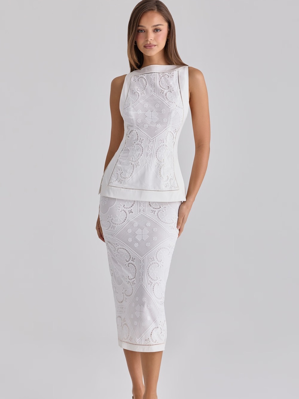 House of CB CECILIA White Cotton Placement Lace Broderie Anglaise Midi Skirt